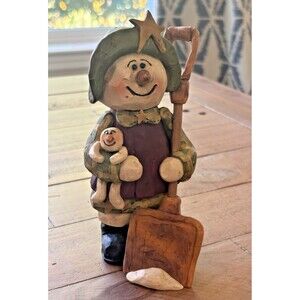 Blossom Bucket SUZI Skoglund Snowman w/Baby & Shovel 7" Folk Art Figurine